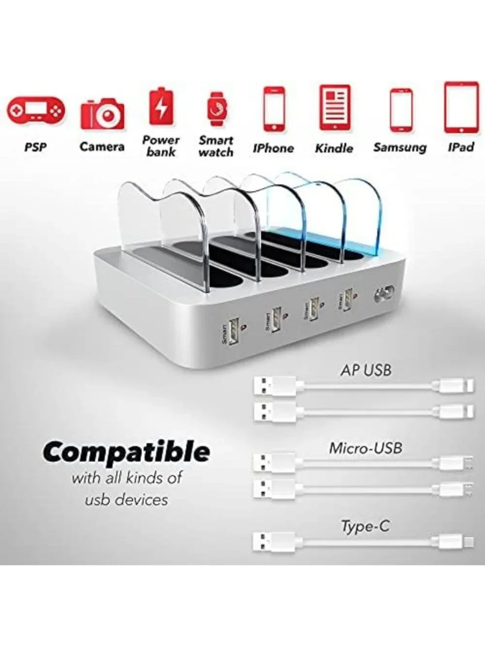 Fast Charging Dock Station for 4 Devices - Multi USB Charger for iPad, iPhone